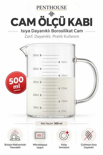 Penthouse 500 ml Borosilikat Cam Ölçü Kabı Isıya Dayanıklı Ölçekli Cam Sürahi