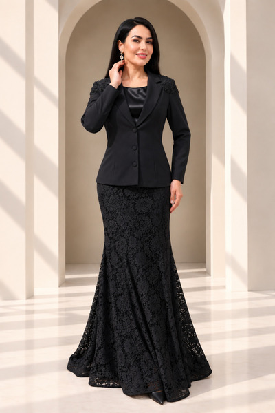 DAWN LİNE Women's Lace Jacket Skirt Set Three-Piece Set– Shoulder Embroidered...