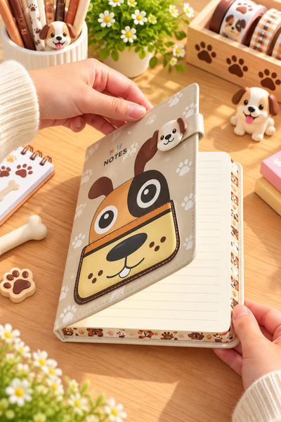 Daks Magnetic Notebook Cute Dog – 160 Pages, 13X18 cm Lined Faux Leather Notebook