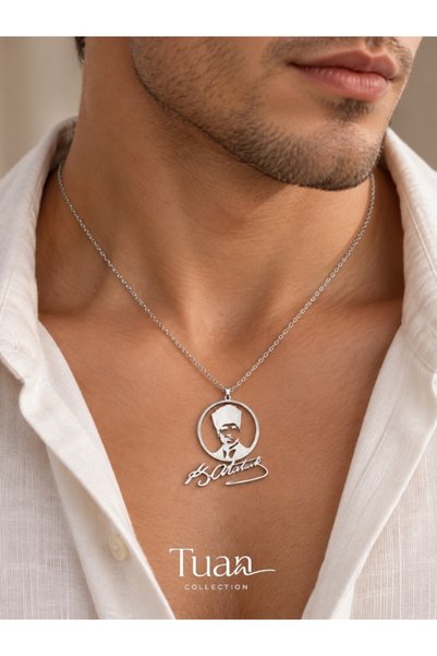 Tuan Collection Ataturk Signed Portrait Necklace – Steel Laser-Cut Figure, Lacquer-Coated Chain