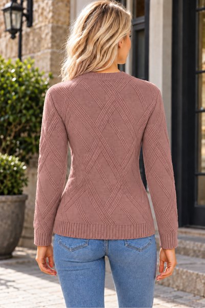 TRQOM Women's Long Sleeve Round Neck Geometric Knit Patterned Elegant Comfortable Fit Soft Textured Stylish Casual Cinnamon Knitwear Sweater