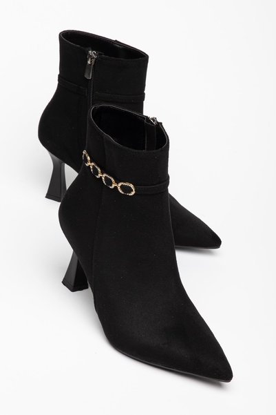 Hayalimdeki Ayakkabı Zigas Women's Black Suede Buckle Thin Heeled Pointed Toe Boots