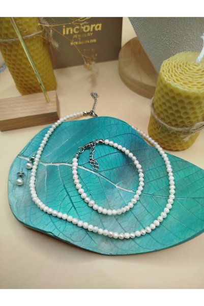 İNCİORA JEWELRY Gerçek Doğal İnci Paslanmaz Çelik Set Minimal Tasarım, 3 mm İnci Kolye Bileklik, 5 mm Küpe