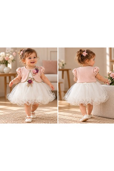 Baby Tek Kız Bebek Çiçek Aplikeli Tüllü Abiye Elbise Pembe Ekru