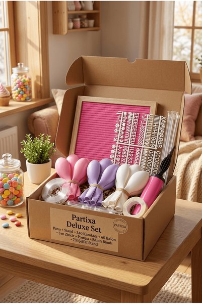 Partixa Sweet Themed Birthday Decoration Deluxe Set Pink Felt Letter Board with Stand Pump Balloon with Chain 7-Piece Transparent Balloon with Stand