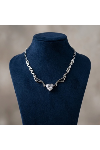Prizma Concept Zircon Stone Heart and Wing Detailed Necklace – Elegant, Everyday Wear and Gift-Ready Design Chain Necklace for Women