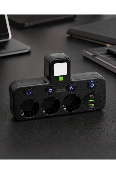 lstri USB & Type-C Şarjlı, Gece Lambalı ve Bireysel Anahtarlı 4'lü Priz, 10A 2500W Koruyucu Çoklayıcı Priz