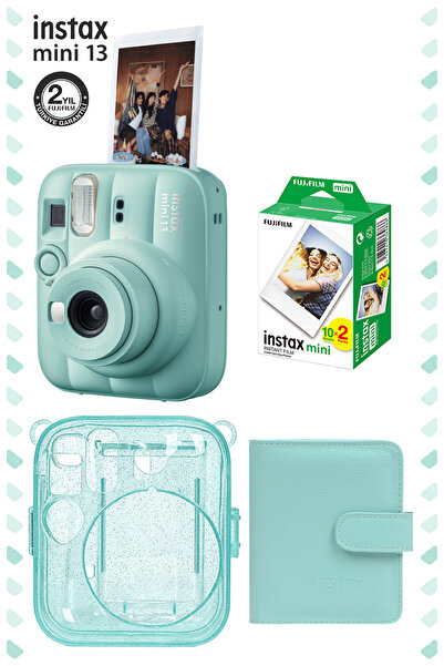 Fujifilm Instax Mini 13 Lagoon Green Fotoğraf Makinesi Deri Albüm Pleksi Kılıf ve 20'li Film Hediye Seti