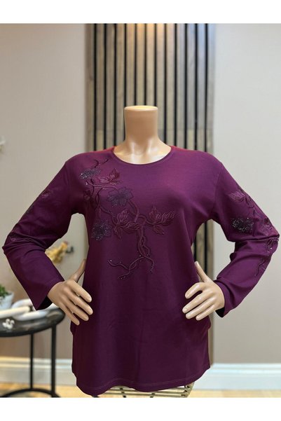 AKMAVİ Women's Floral Embroidered and Sparkling Stone Winter Mom Combed Cotto...