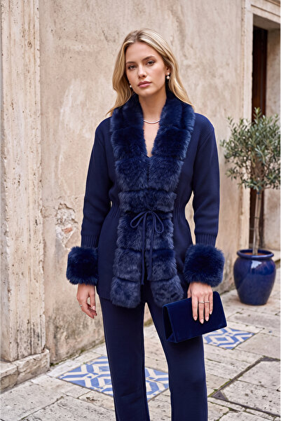 SAYZEN YOUR SHİNE Cardigan-Pants Knitwear Set with Fur Collar and Sleeves