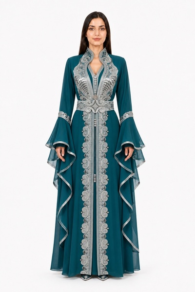 MOHAMED ZAHABI Women's Long Caftan with Embroidery and Shiny Stone Work and Butterfly Sleeves, Model 01
