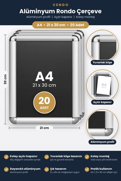 Cengo 20 Adet A4 Alüminyum ( 21X30 ) Rondo Çerçeve