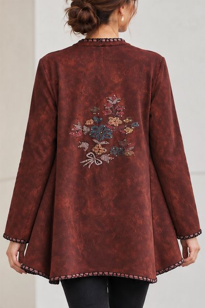 Boutique Juji BOHEM NAKIŞLI OVERSİZE BORDO UZUN CEKET