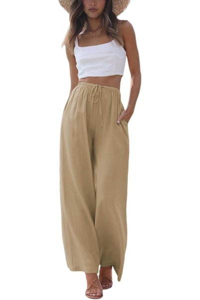 GENERAL Faleave Women's Cotton Linen Summer Palazzo Pants Flowy Wide Leg Beac...