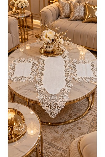 Çt Çeyizci Tekstil 3 Parça Krem Dantelli Runner ve Sehpa Örtüsü Seti – Salon,...