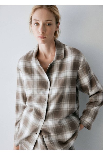 MANGO Woman Kareli flanel pijama gömleği