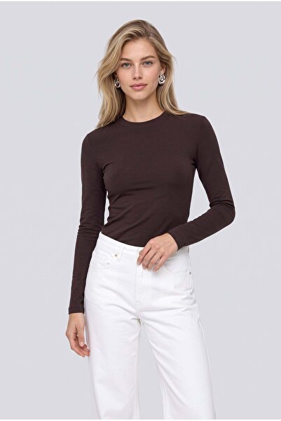 Brix Tricou de damă din viscoză, slim fit, cu mânecă lungă, maro