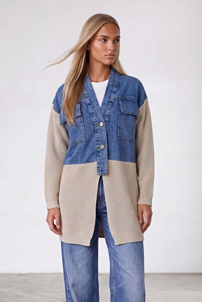 Trend Alaçatı Stili Women's Beige Knitwear Garnished V-Neck Denim Cardigan Al...