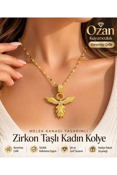 OZAN KUYUMCULUK Kadın Melek Kanadı Kolye Zirkon Taşlı Altın Renk Kararmaz Çel...