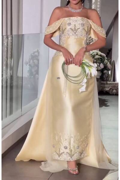 NALA FASHION فستان سهرة فاخر - أصفر باستيل مطرز