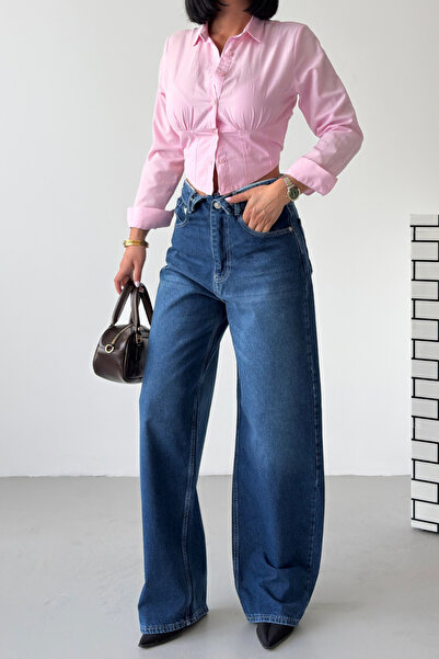 XRAY JEANS Women's Waist Detail Wide Leg Navy Blue Jeans