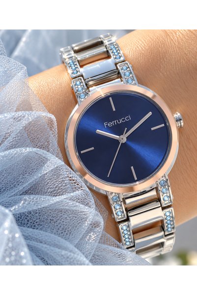 Ferrucci 30 mm Case, Silver Blue Stone Steel Band, Navy Blue Dial, Women's Wr...