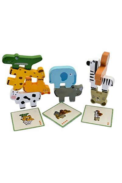 PlayFun Turn de animale din lemn în echilibru: crocodil, girafă, elefant, zeb...