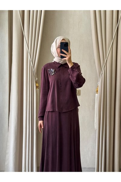 Nuss 1084 Yakası Yaprak Boncuk İşlemeli Etek Takım Mürdüm