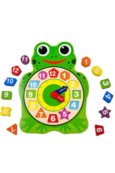 CasaDesteapta.ro Ceas didactic din lemn pentru copii, model broască, cu 12 fo...