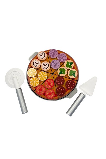 PlayFun Joc de-a pizzeria cu pizza din lemn de feliat și ingrediente de pus p...