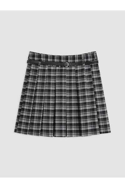 LC Waikiki Black Belted Plaid Pleated Mini Skirt