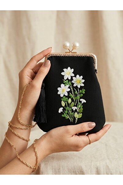 Arzu Demir 100% Hand Embroidered Vintage Black Linen Bag. Daisy Themed .18X18...
