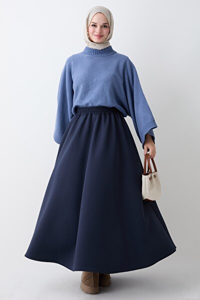 InStyle Plissierter, ausgestellter, marineblauer Scuba-Rock