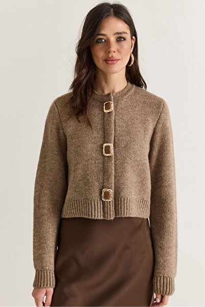 Bianco Lucci Women's Mink Gold Button Detailed Crew Neck Soft Textured Knitwe...