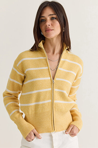 Bianco Lucci Women's Yellow-White Striped Zippered High-Neck Knitwear Cardiga...