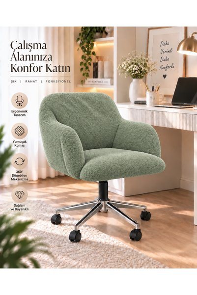 ZİERRA LEYA Peluş Kumaş Krom Ayaklı Çalışma Sandalyesi ve Ofis Koltuğu (Yükseklik Ayarlı)
