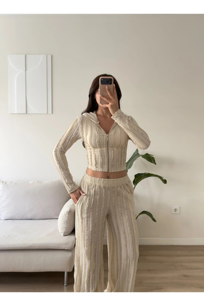 Zoom Butik Kapüşonlu Fitilli İkili Takım - BEJ