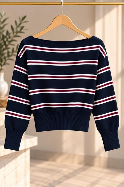 kılıçbey tekstil Women's Slim Mercerized Asymmetrical Cut Striped Boat Neck Knitwear Sweater
