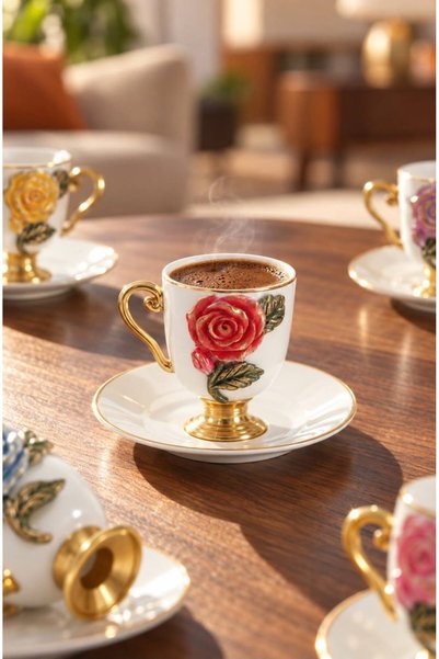 Santara Acar Orange Sunset 6-Person Porcelain Coffee Cup Set - 90 ml