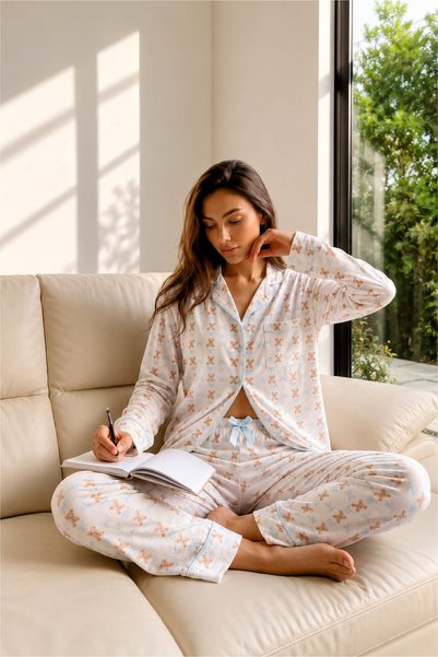 LULUS FRİENDS Shirt Collar Long Sleeve Front Heart Button Pocket Detailed Mini Teddy Bear Bow Patterned Women's Pajama Set Premium Milan Fabric