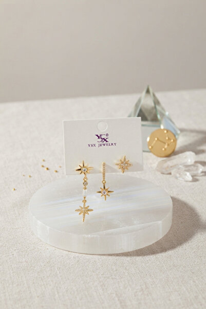 Clariss Brass Gold Color Zircon Stone Pole Star Model Women's Earring Set