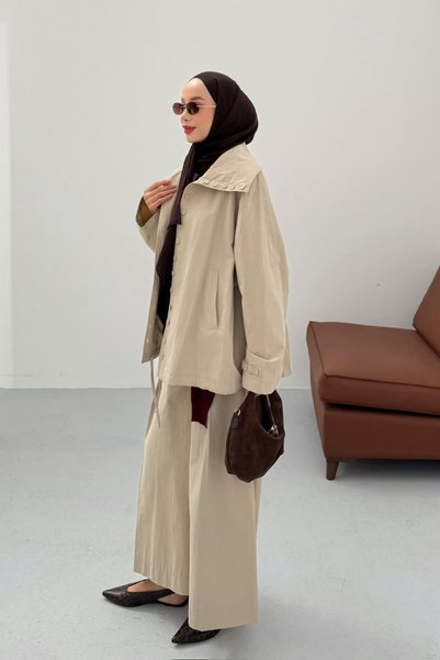 fushya design Geniş Yakalı Beli Büzgülü Cepli Mont