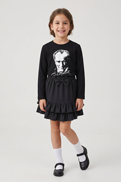nacar çarşı Tricou negru cu mânecă lungă cu imprimeu Ataturk pentru fete, Fus...