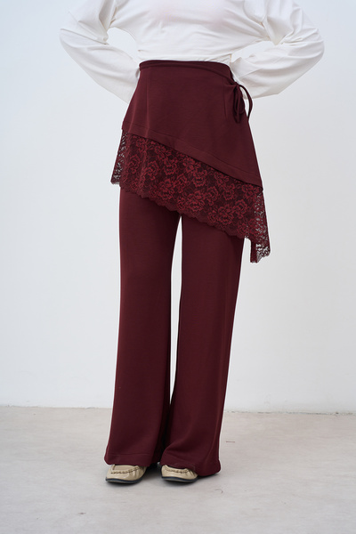 LOCCO Women's Lace Detailed Waist Tie Pants Burgundy