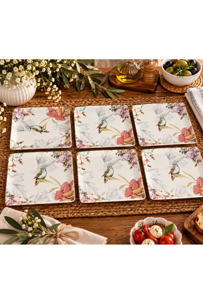 QUEEN OF SERAMİK Çiçek ve Kuş Desenli Kare Seramik Servis Tabağı