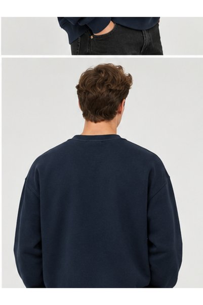 Vasto Moda Erkek Oversize Kalın Dokulu 3 İplik Şardonsuz Ribanalı Bisiklet Yakalı Basic Sweatshirt