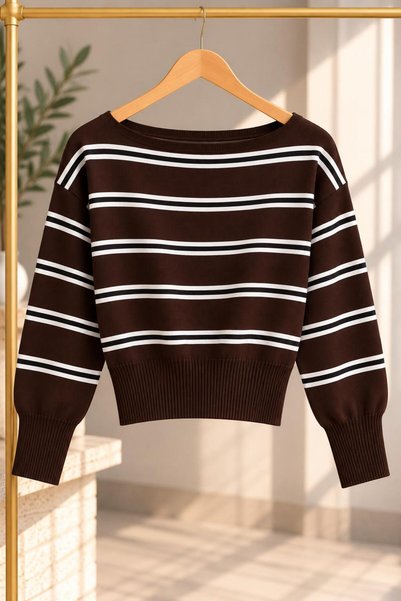 kılıçbey tekstil Women's Slim Mercerized Asymmetrical Cut Striped Boat Neck Knitwear Sweater