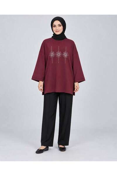 Yağızlar Giyim Women's Burgundy Stone Embroidered Slit Oversize Oysho Tunic