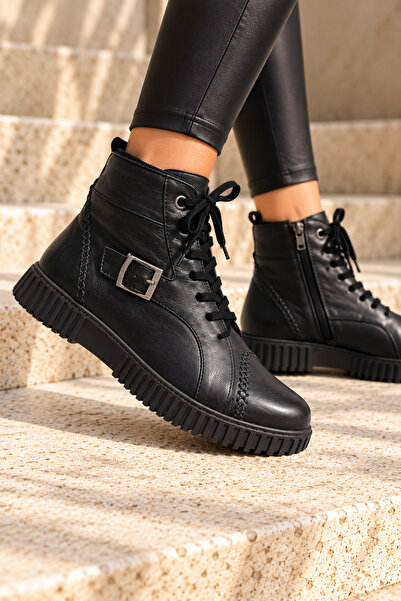 İNZE AYAKKABI Genuine Leather Women's Boots with Lace-Up Buckle and Zipper, C...