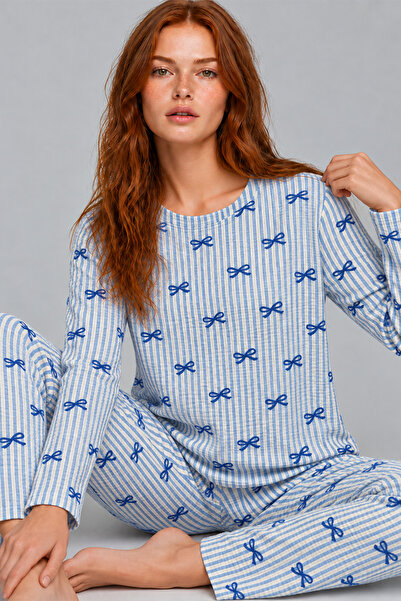 FİT WOMEN Women's Patterned Double Blue Comfortable Pajama Set 4815